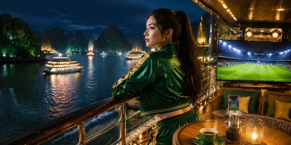 Người dùng Việt Nam nhâm nhi cà phê tại vịnh Hạ Long trong khi kiểm tra khuyến mãi gf10 trên điện thoại